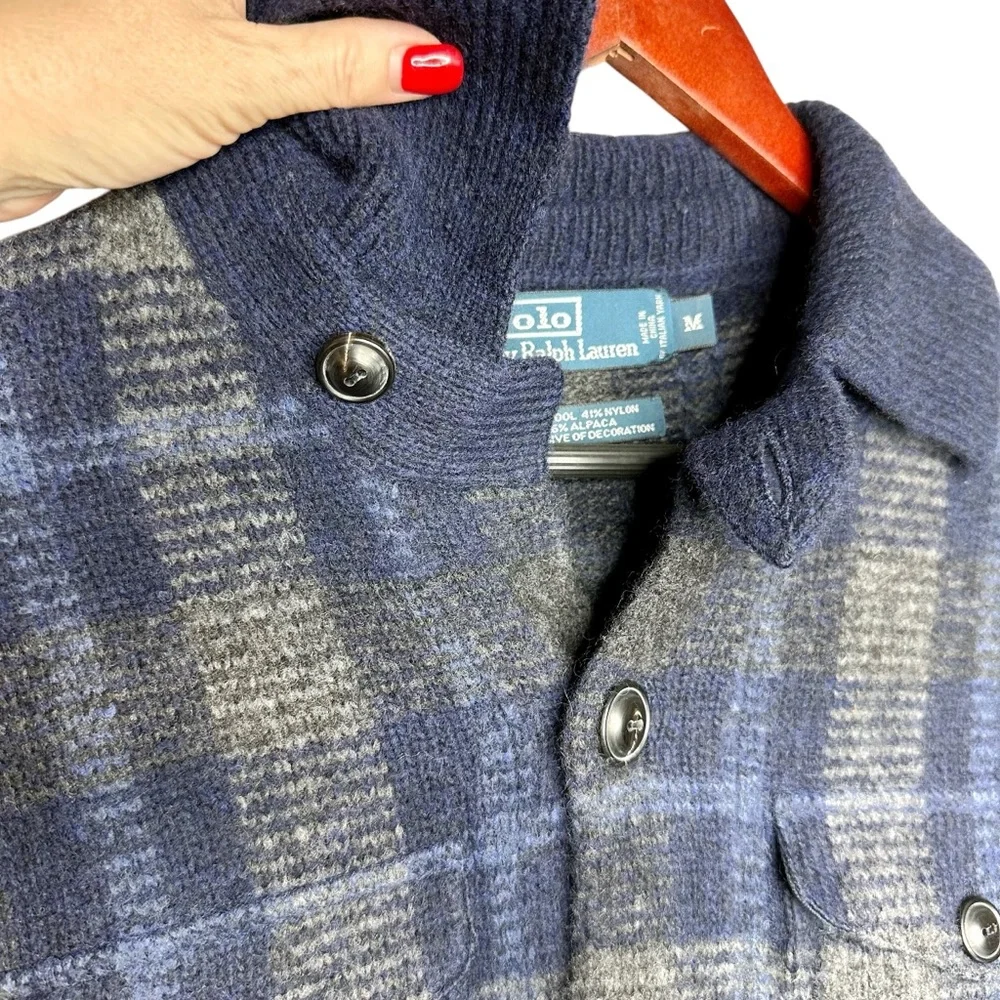 Vintage 80s Polo Ralph Lauren Plaid Wool & Alpaca Cardigan Sweater Jacket Blue